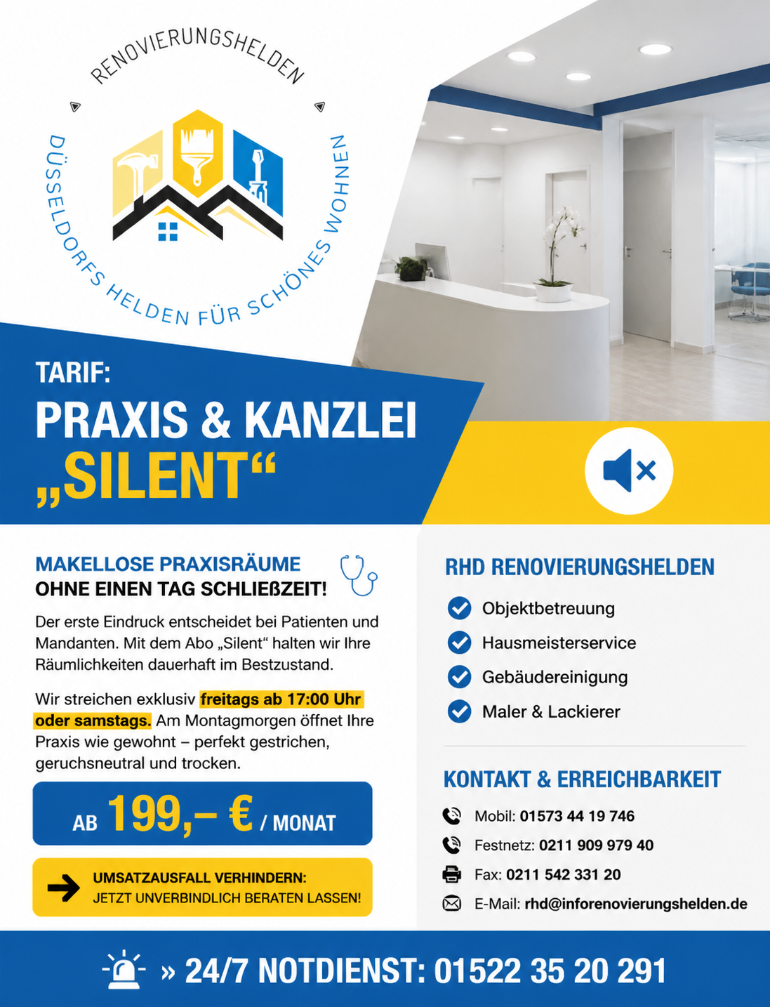 Tarif Praxis & Kanzlei „Silent“ – Makellose Praxisräume ohne einen Tag Schließzeit!