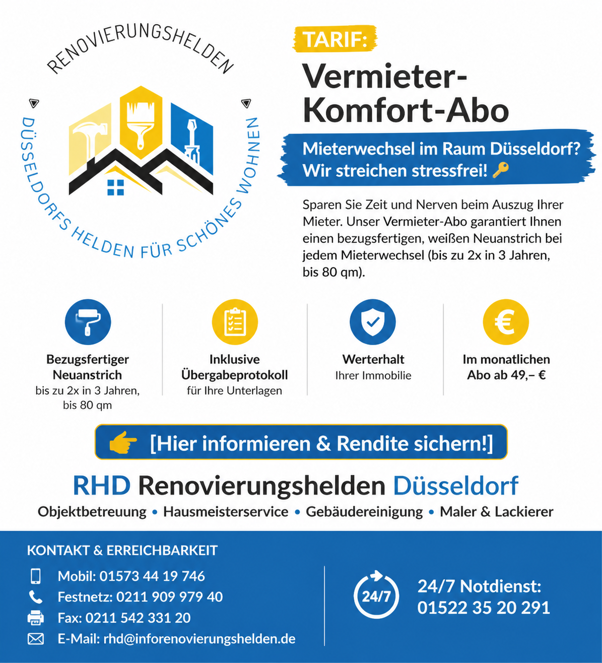 Tarif Vermieter-Komfort-Abo  – Mieterwechsel im Raum Düsseldorf? Wir streichen stressfrei!