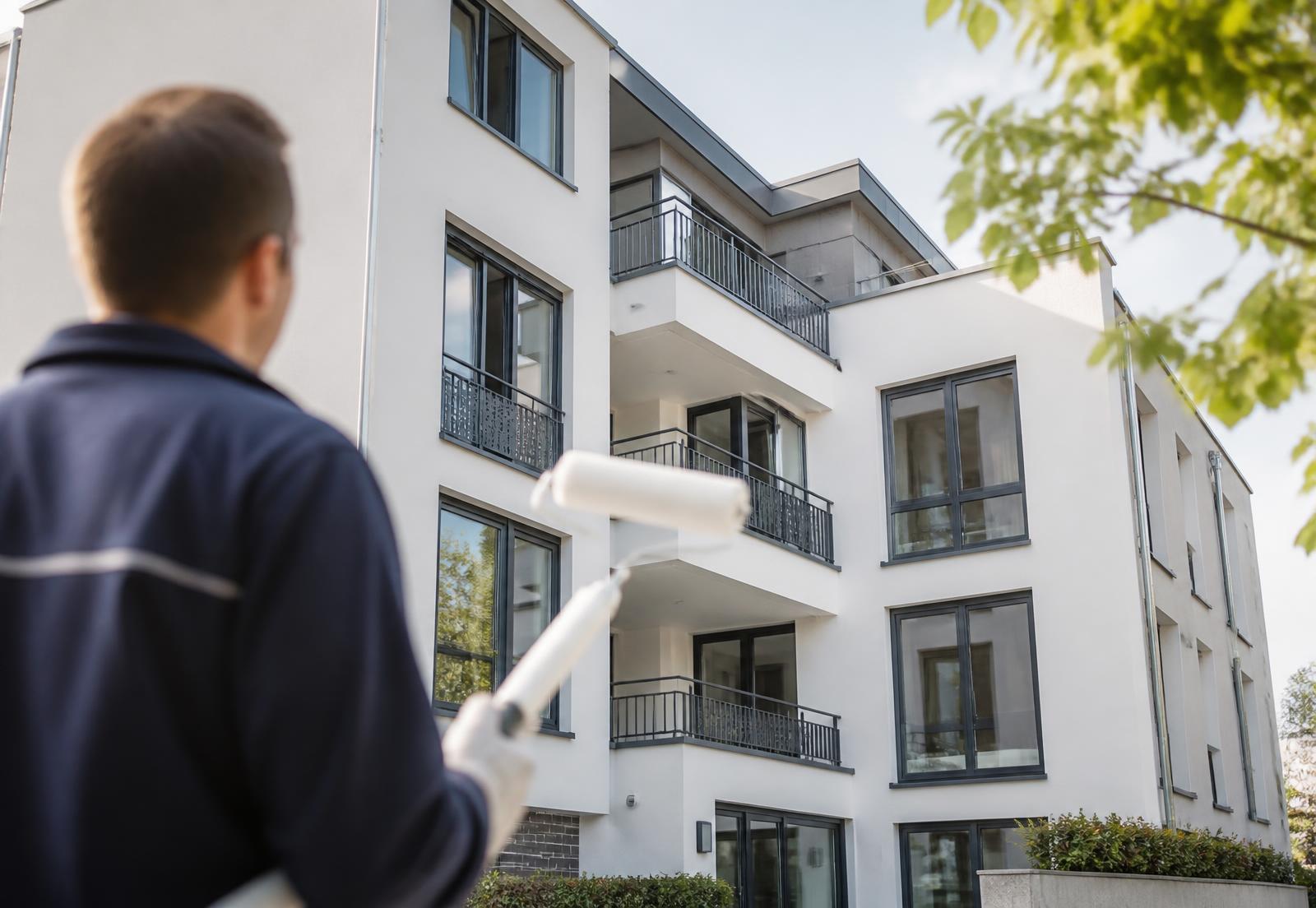 Maler der Renovierungshelden vor einer frisch sanierten Wohnanlage in Düsseldorf